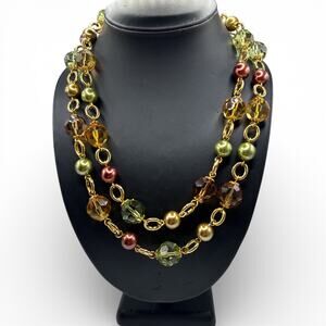 Kenneth Jay Lane (KJL) Gold Tone and Earth Tone Beaded Necklace 42”
